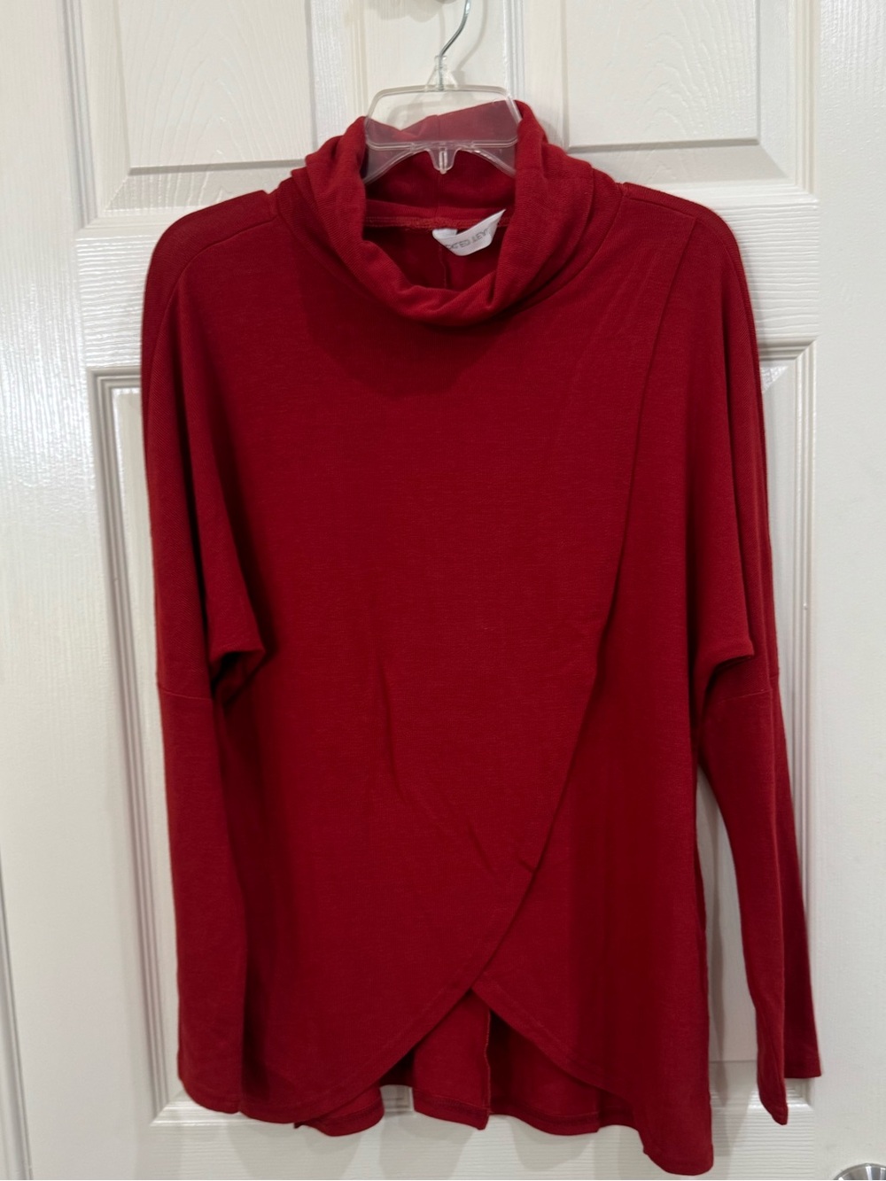 Tickled Teal Red Cowl Neck Wrap-Hem Sweater